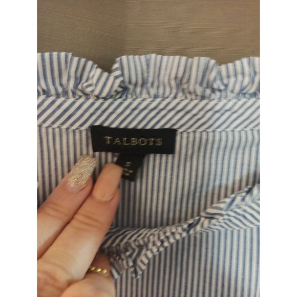 Womens Talbots Dressy Blouse Striped Blue/White Cutout Embroidered sleeves Small - Picture 4 of 8